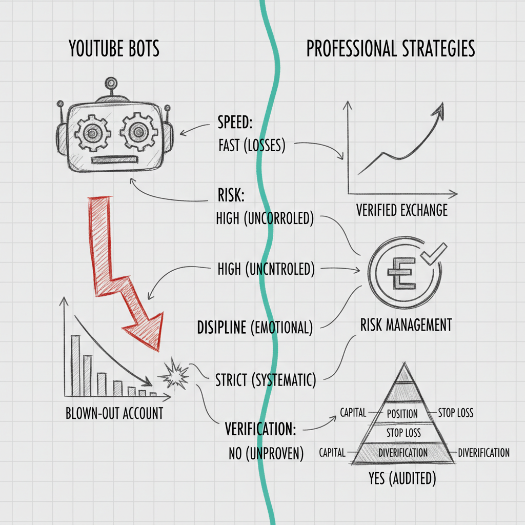 Hand-drawn sketch infographic comparing failed YouTube bots versus professional algorithmic trading strategies, split layout with teal accent divider