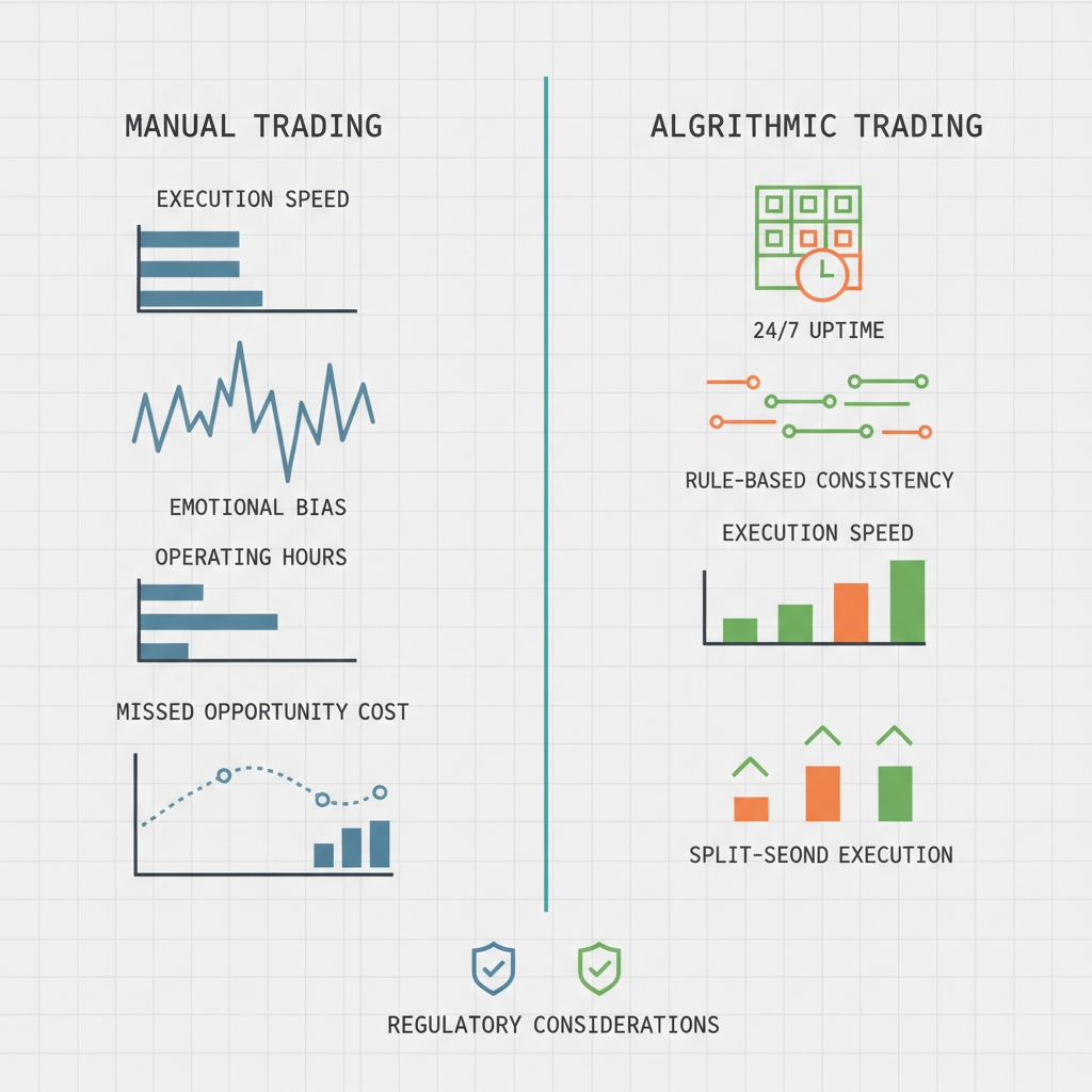 Data visualisation grid comparing manual trading vs algorithmic trading metrics, with ascending/descending bar charts and grid-based layout