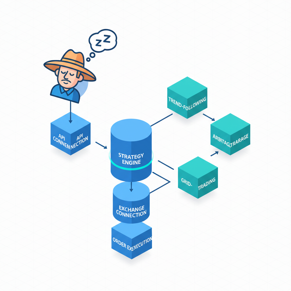 Isometric flowchart showing the algorithmic trading pipeline from trader to strategy execution across crypto exchanges