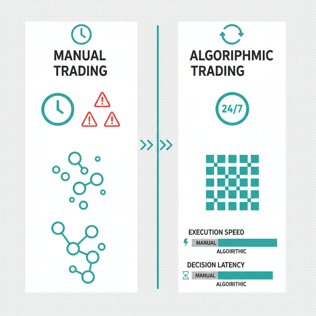 Comparison matrix contrasting manual 24-hour trading demands versus automated algorithm advantages
