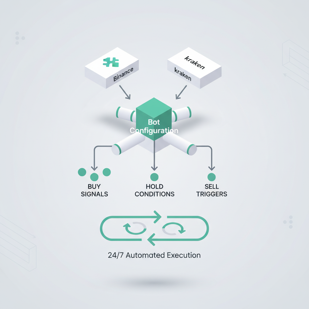 Isometric flowchart showing how crypto algo trading bots connect exchanges, apply rules, and execute trades automatically 24/7