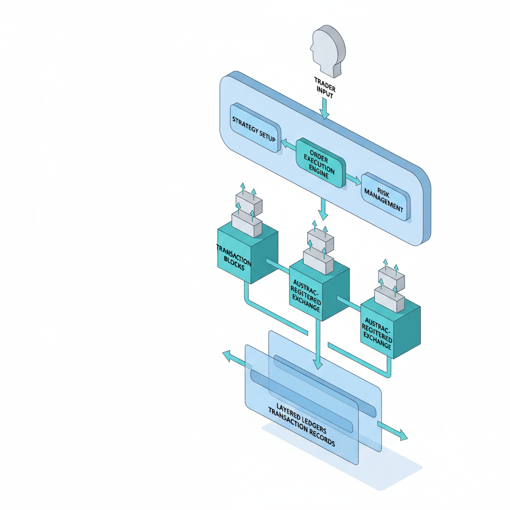 Isometric 3D flowchart visualizing algorithmic trading platform architecture from strategy input through execution to AUSTRAC compliance