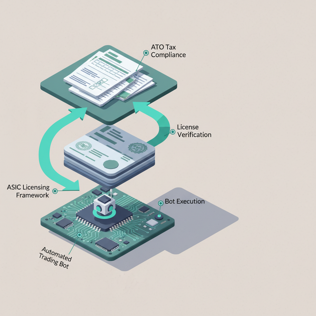 Isometric 3D infographic showing stacked layers of automated trading bots, ASIC licensing, and ATO tax compliance in Australia