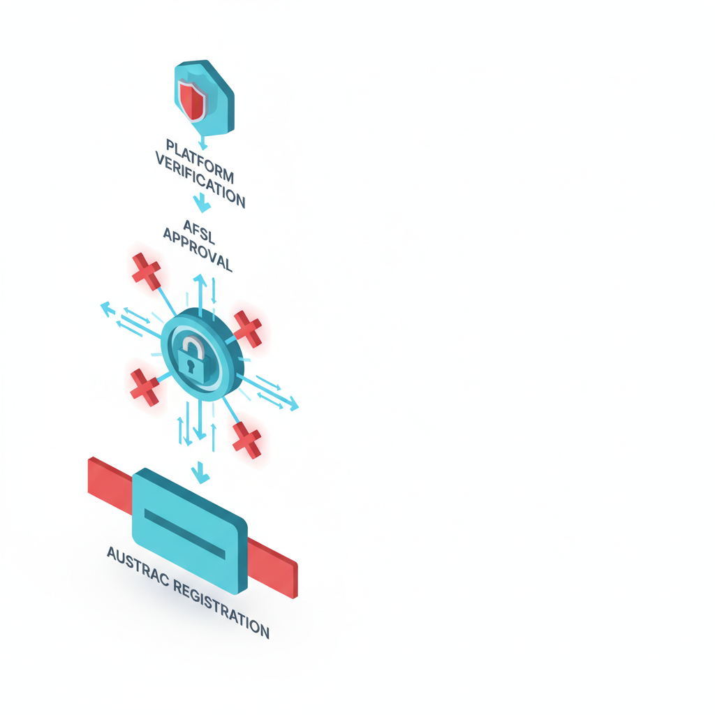 Isometric 3D flowchart of Australian crypto platform regulatory approval pathway through AUSTRAC and ASIC
