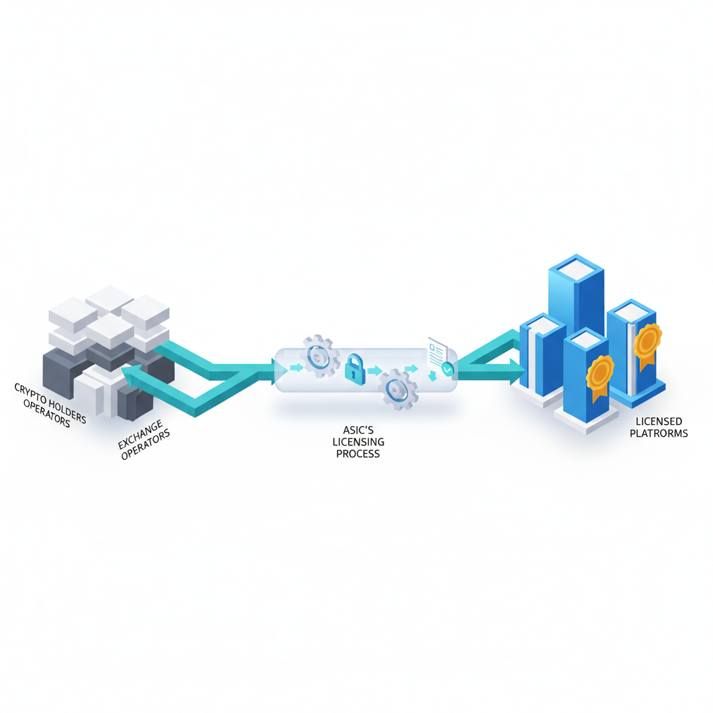 Isometric flow diagram of ASIC licensing transition timeline for crypto platforms