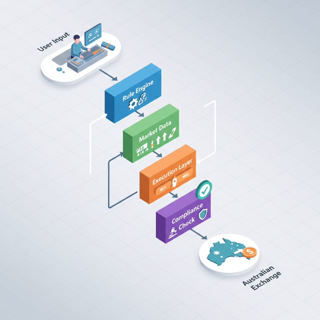Isometric 3D flowchart depicting the four-stage process of algorithmic crypto trading bot execution in Australia, from rule input through compliance verification
