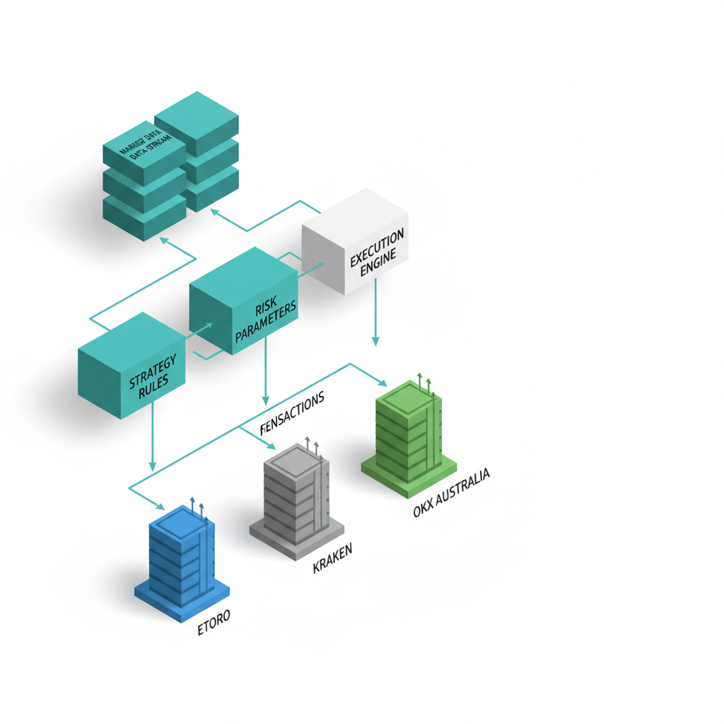 Isometric 3D flowchart showing market data input, bot decision logic, and multi-platform trade execution