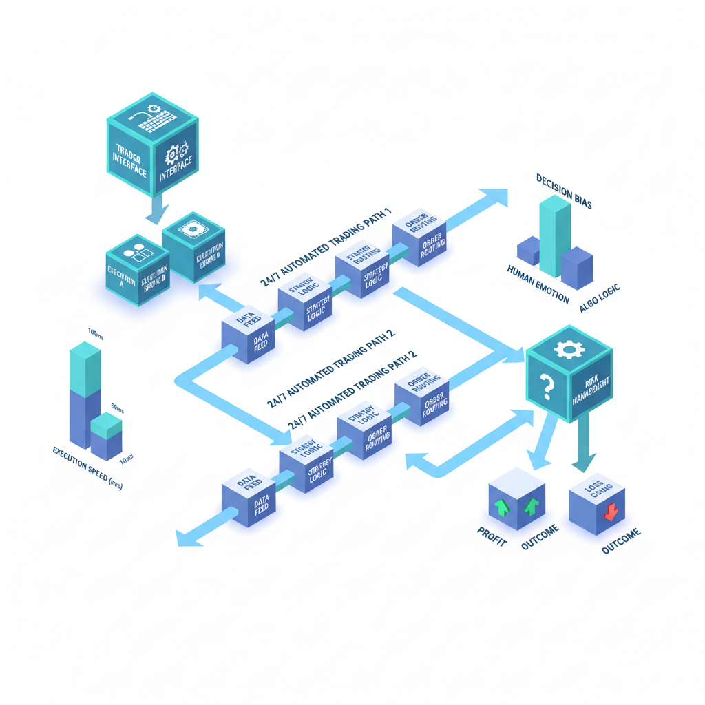 Isometric 3D flowchart of algorithmic crypto trading execution process from rule setup to automated outcomes