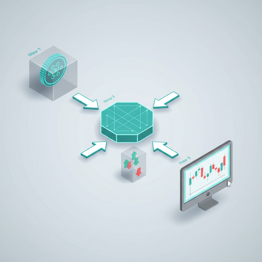 Isometric 3D flowchart of crypto algorithmic trading process from entry to execution