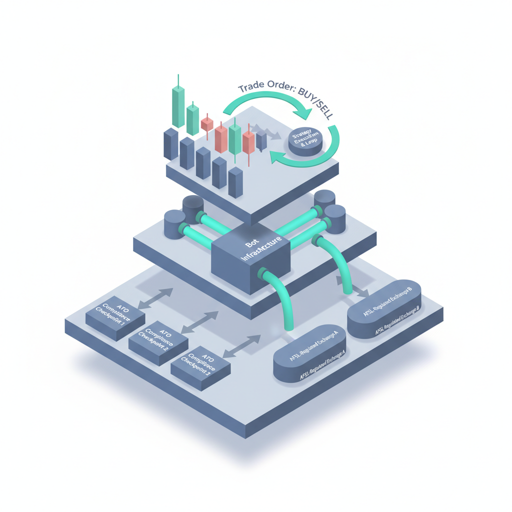 Isometric flowchart of Australian crypto algo trading infrastructure showing compliance, API connections, and automated trade execution