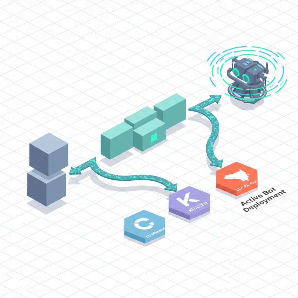 Isometric 3D flowchart infographic depicting crypto algo trading workflow with data upload, backtesting, multi-exchange connections, and 24/7 bot deployment nodes in soft vector style.