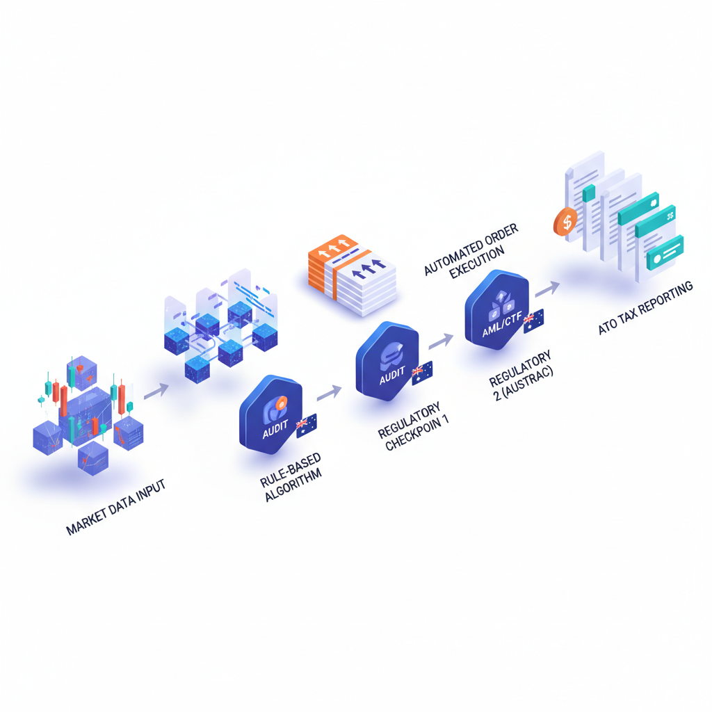 Isometric flowchart of automated crypto trading process from market data to tax reporting in Australia