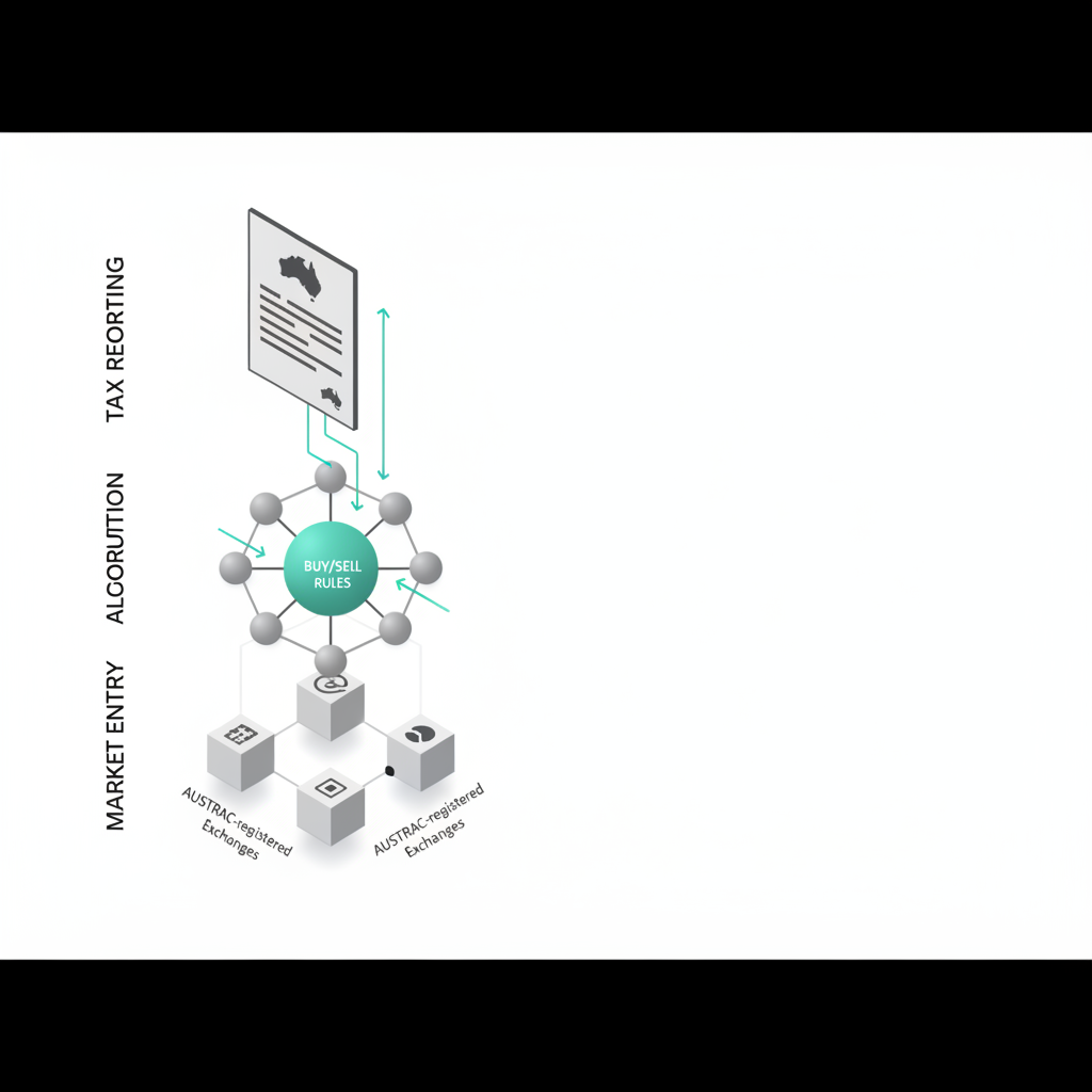 Isometric workflow diagram showing the path from Australian crypto exchange registration through algorithm rules to tax compliance
