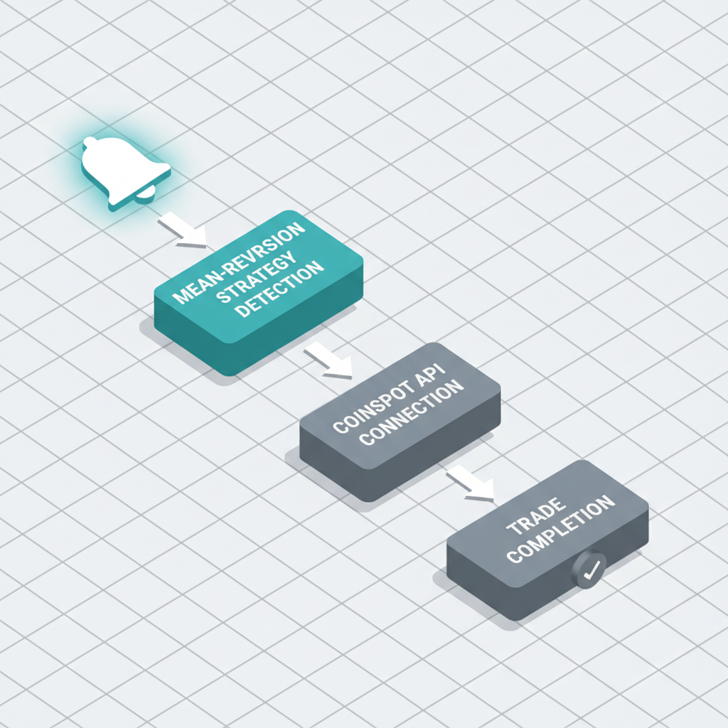 Isometric flowchart of algorithmic trading execution process from alert detection through API to trade completion