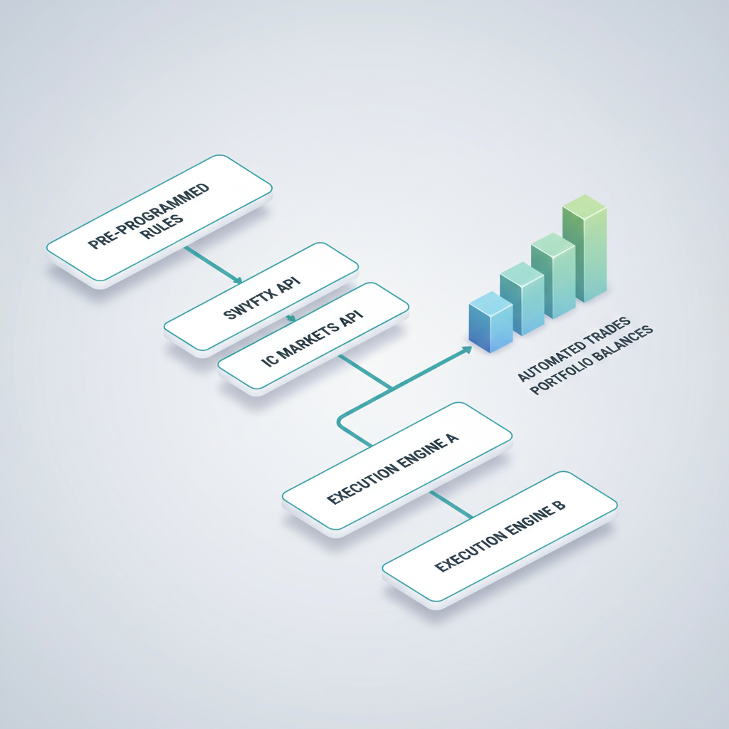 Isometric 3D flowchart showing algorithmic trading workflow from rules setup through API execution to trade outcomes