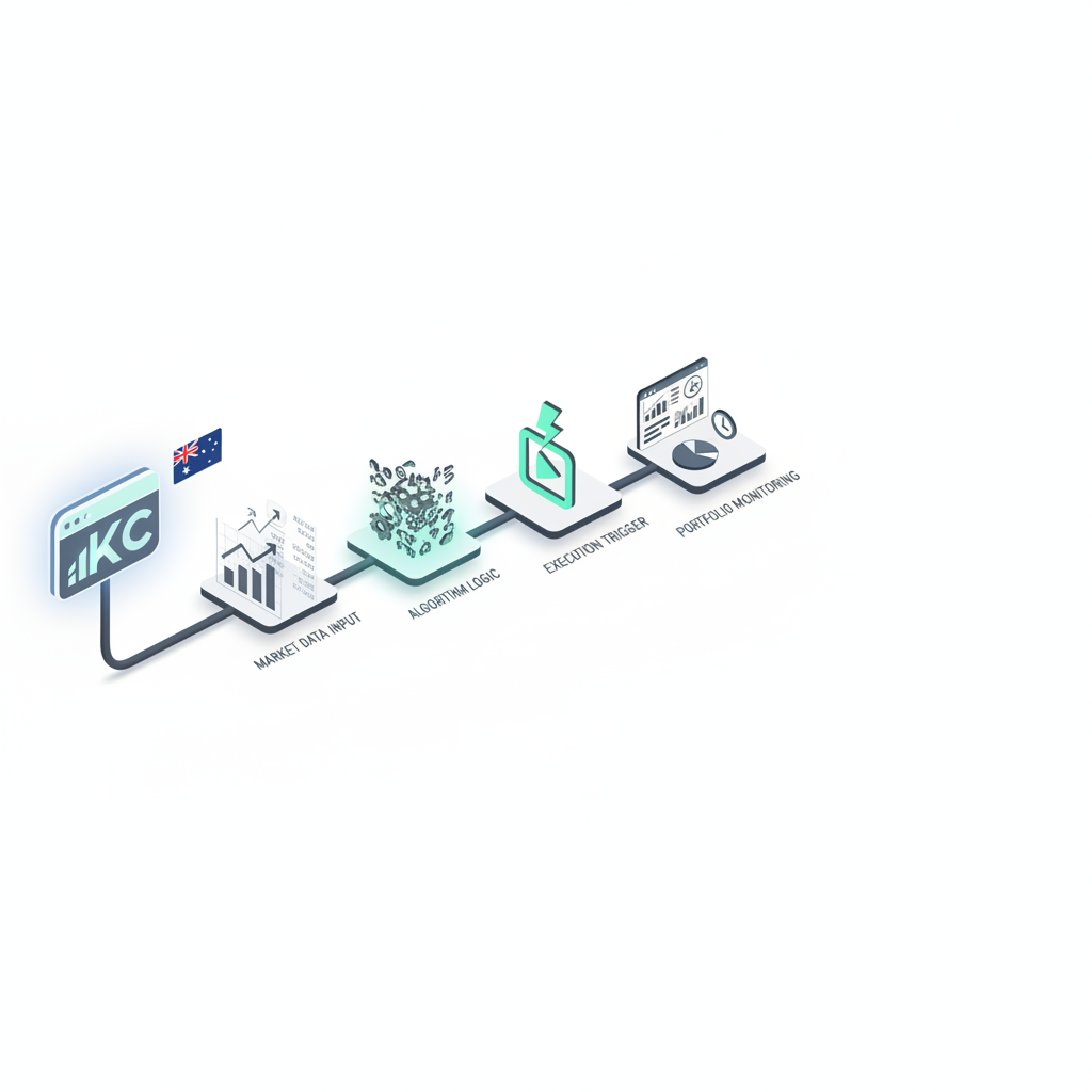 Isometric 3D workflow diagram showing algorithmic trading pipeline from market data input through algorithm logic to execution and monitoring