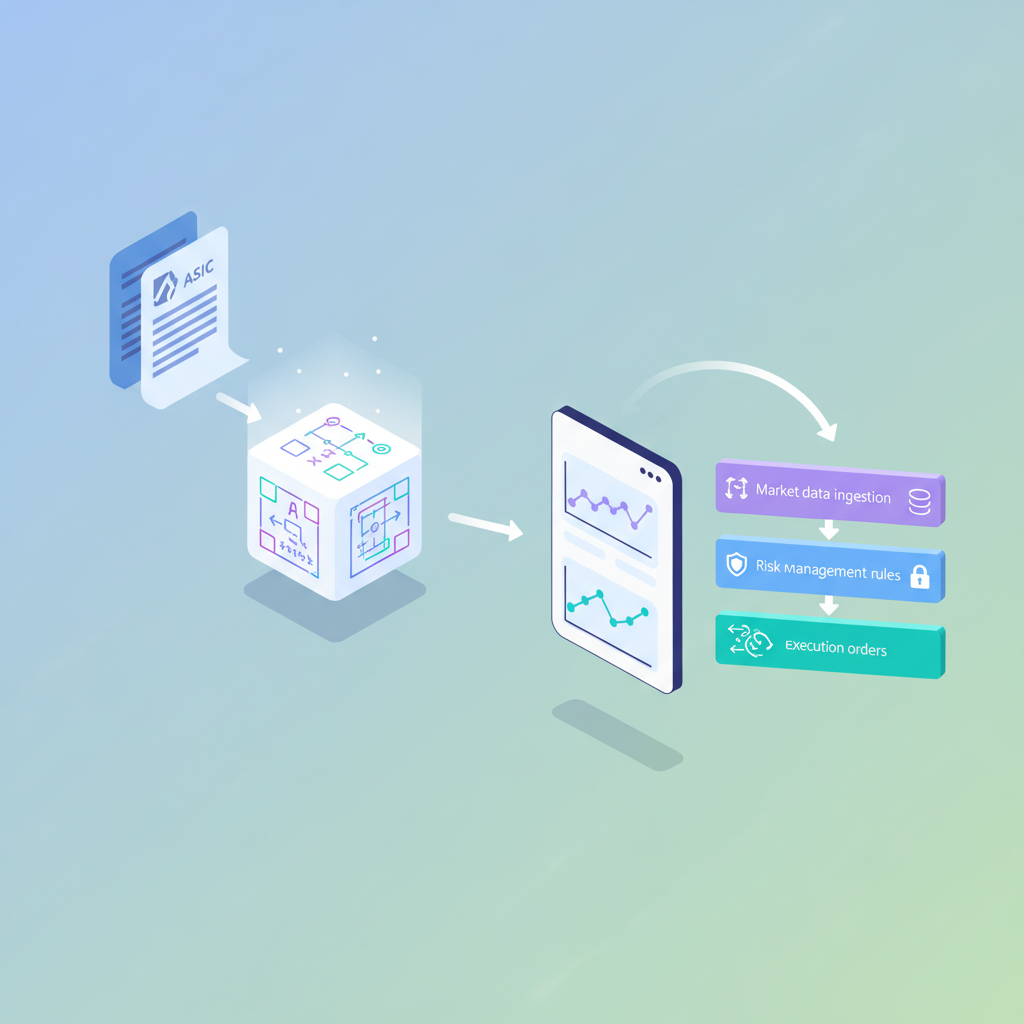 Isometric 3D flowchart depicting the algorithmic crypto trading workflow from ASIC licensing through mathematical models to execution, with market data and risk management parallel processes