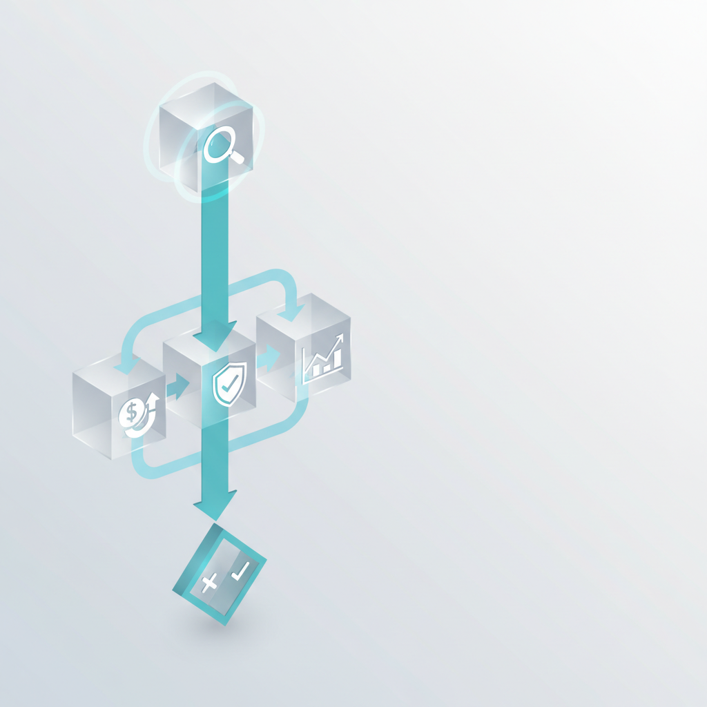 Isometric 3D flowchart showing platform evaluation nodes connected by arrows, with teal accent on main verification pathway