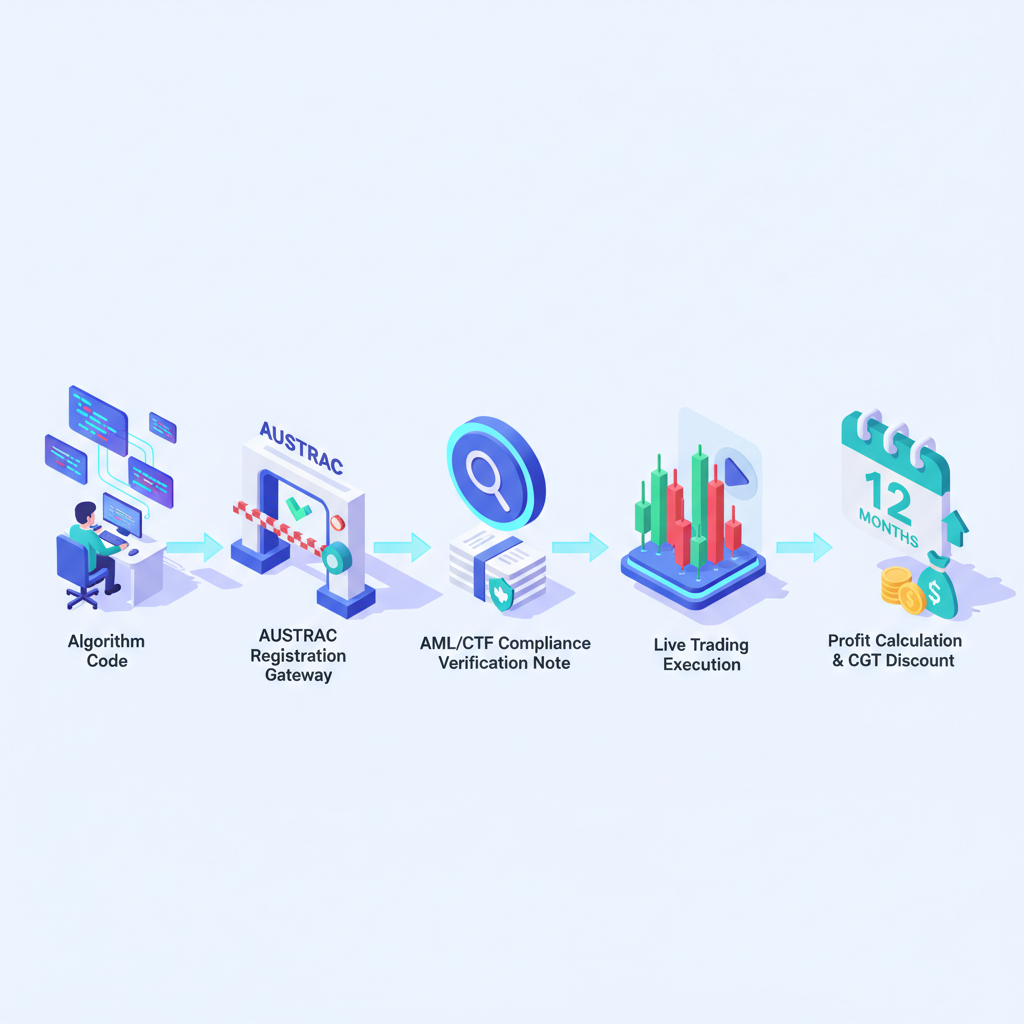 Isometric 3D flowchart of Australian crypto algo trading workflow from setup through compliance to profit calculation