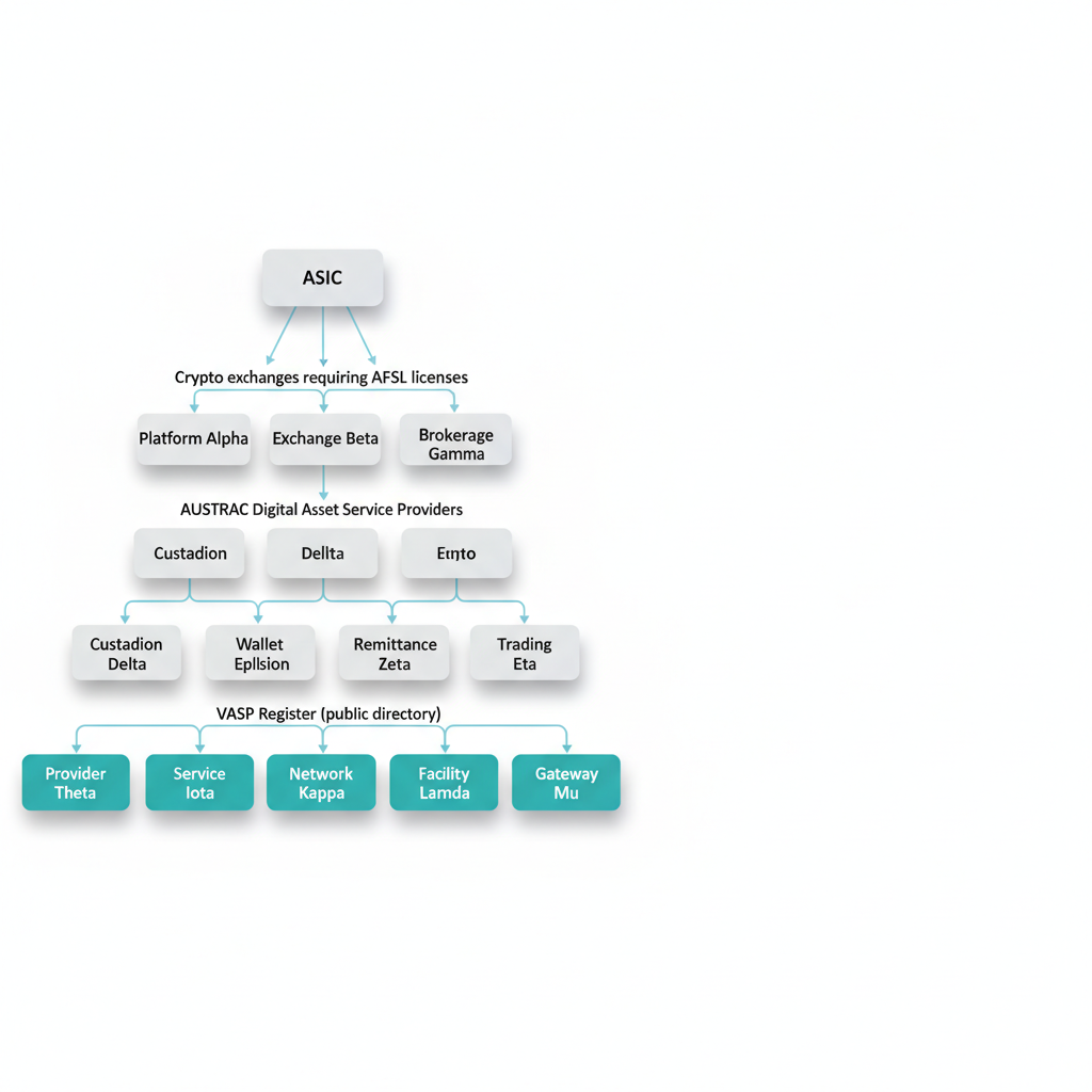 Isometric flowchart depicting Australian regulatory hierarchy for crypto platforms and ASIC, AUSTRAC, VASP register relationships