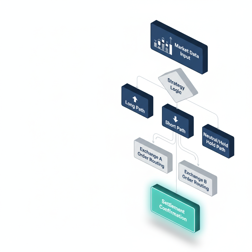 Isometric 3D flowchart showing crypto algo trading execution pipeline from market data input through strategy logic, order routing, to settlement with teal accent on confirmation layer