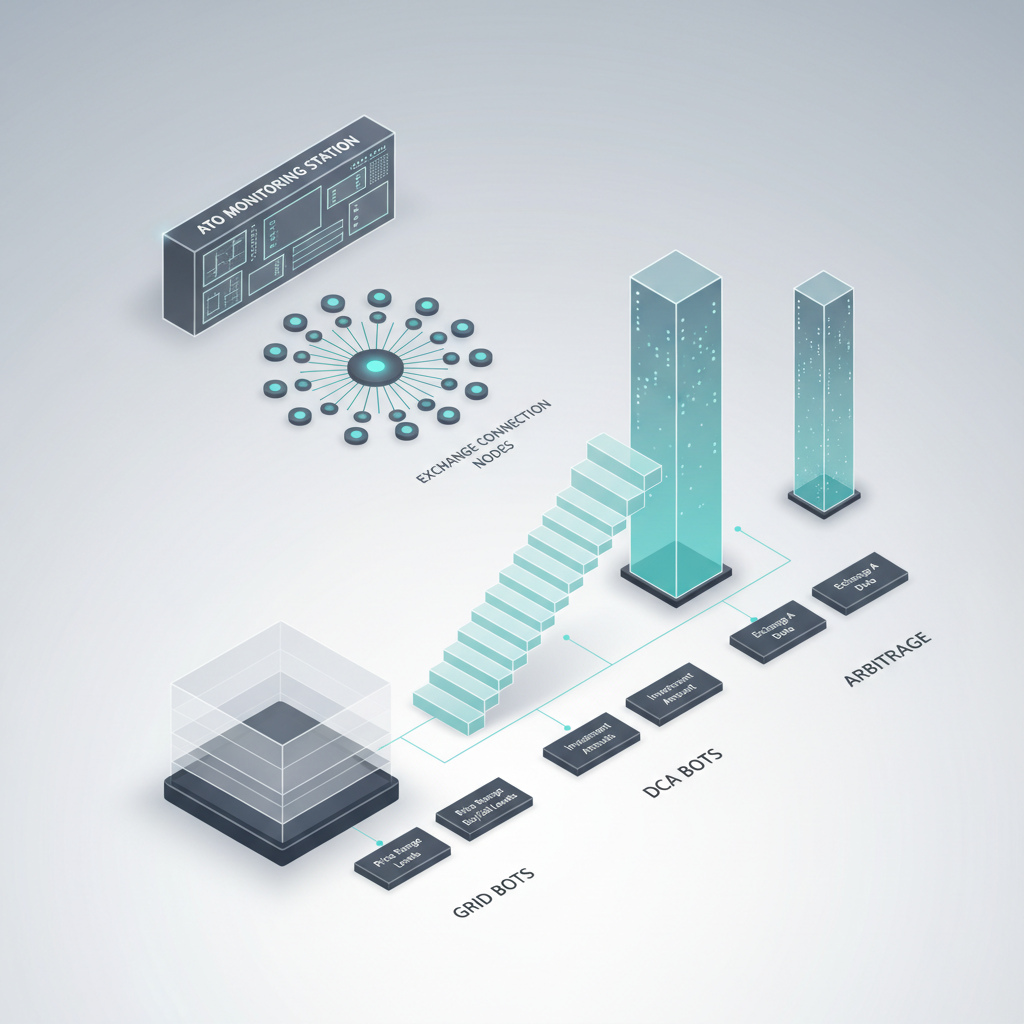Isometric 3D infographic showing layered bot types and exchange connections for Australian crypto algo trading platforms