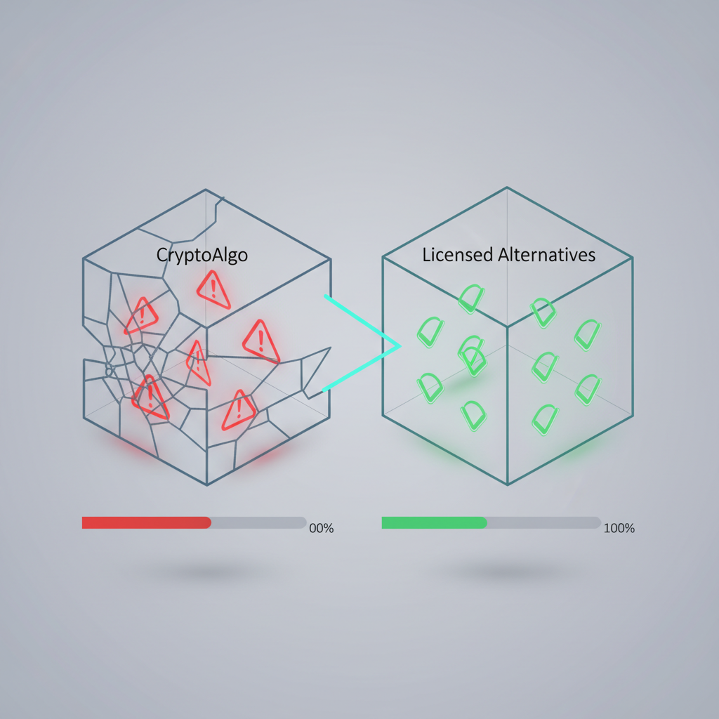 3D isometric comparison of unverified versus licensed crypto trading platforms