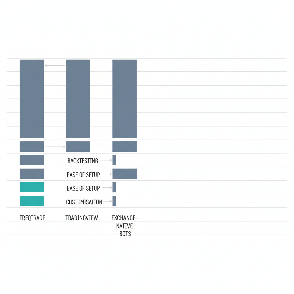 Comparative data chart of three algo trading bot platforms showing backtesting, setup ease, and customisation metrics