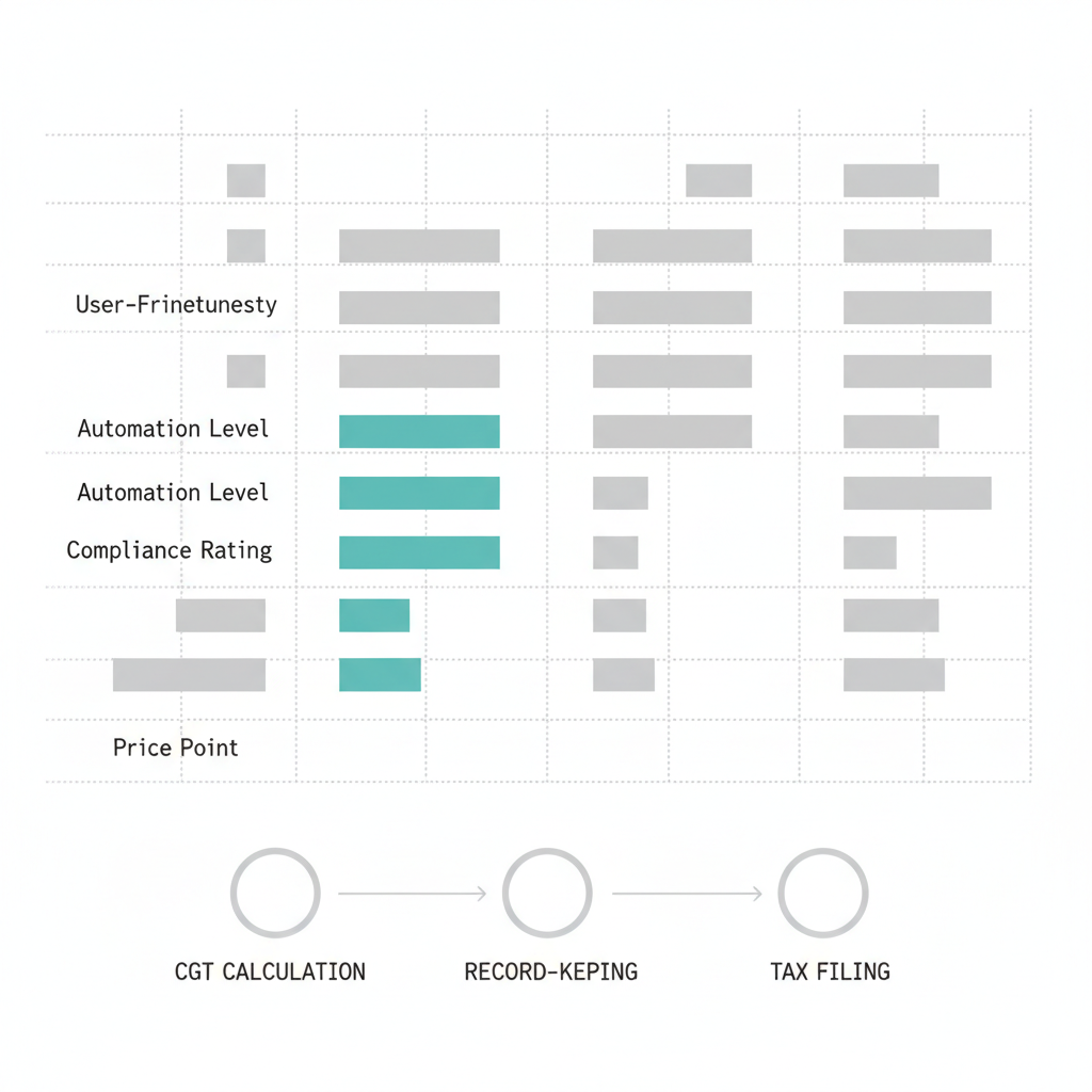 Data visualization chart comparing four Australian algorithmic trading platforms across price, automation, compliance and features, with ATO tax reporting workflow below