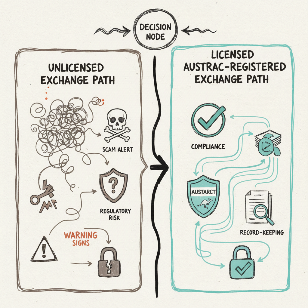 Hand-drawn comparison infographic contrasting unlicensed high-risk versus licensed compliant crypto trading exchange paths in Australia