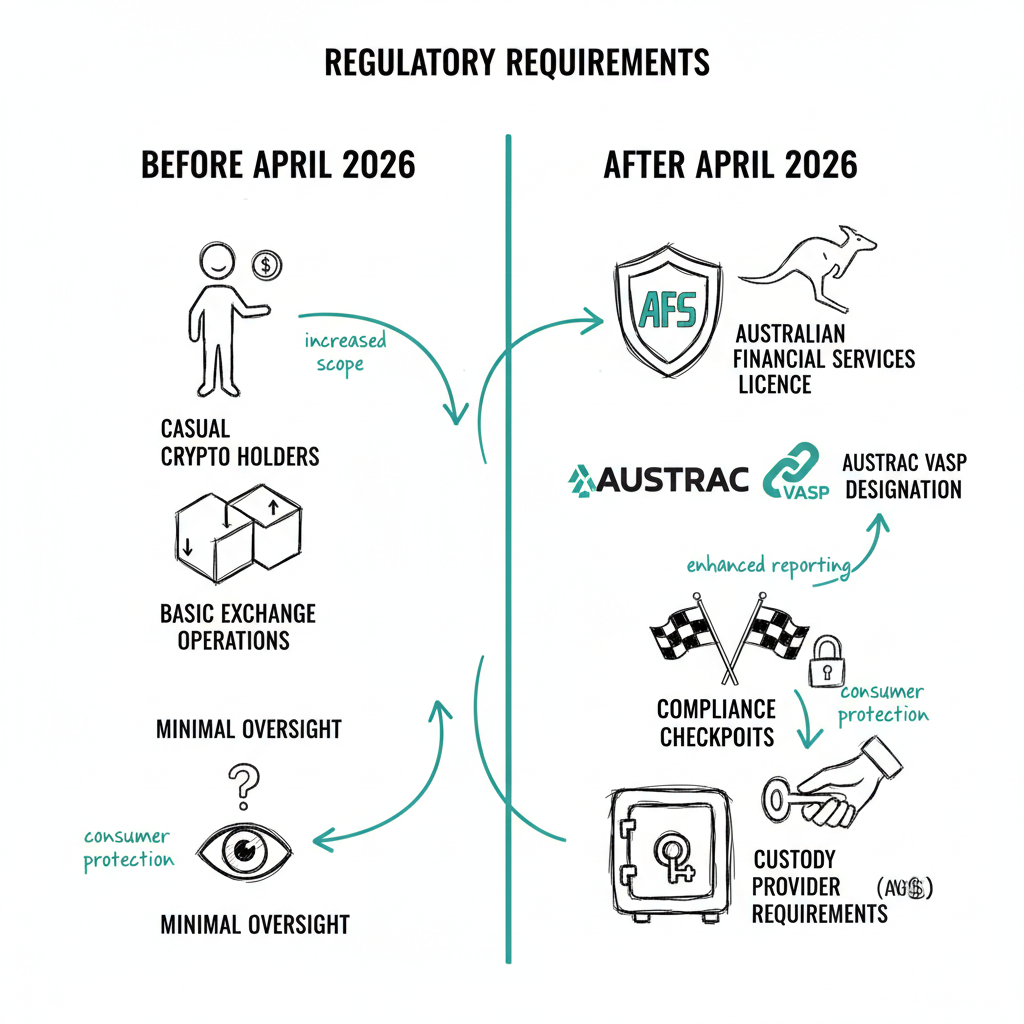 Before-and-after comparison sketch showing new crypto regulatory requirements Australia 2026