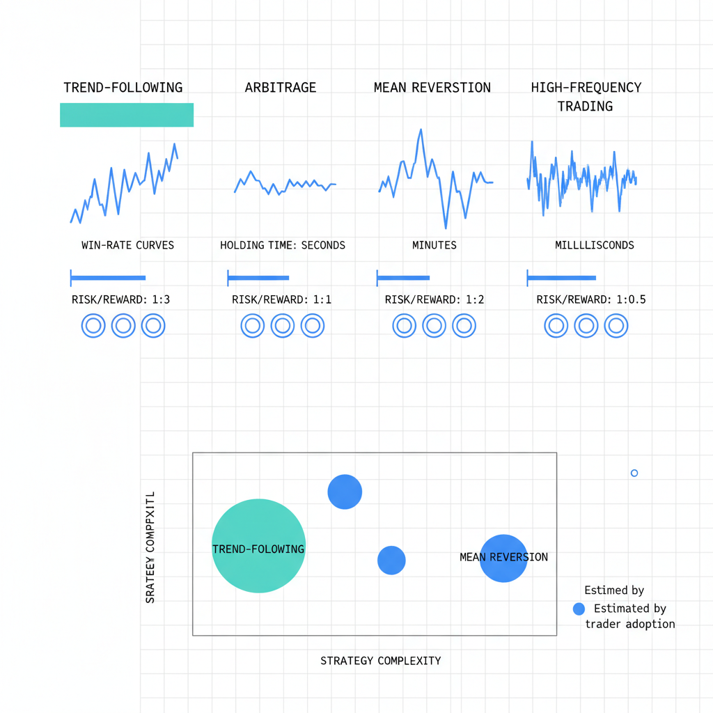 Data visualisation chart comparing four algorithmic trading strategies with performance metrics and adoption scatter plot