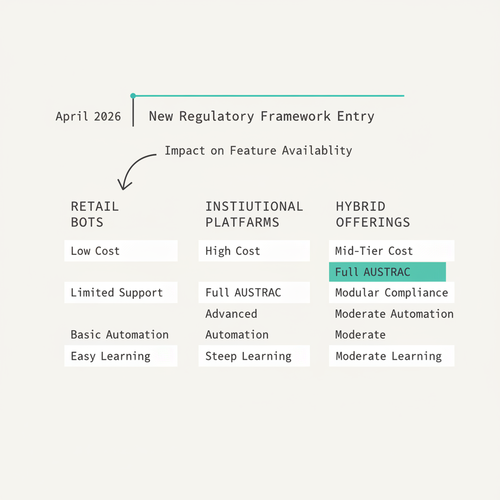 Data visualisation comparison matrix showing three types of Australian crypto algo trading platforms rated across cost, compliance integration, automation, and learning curve metrics