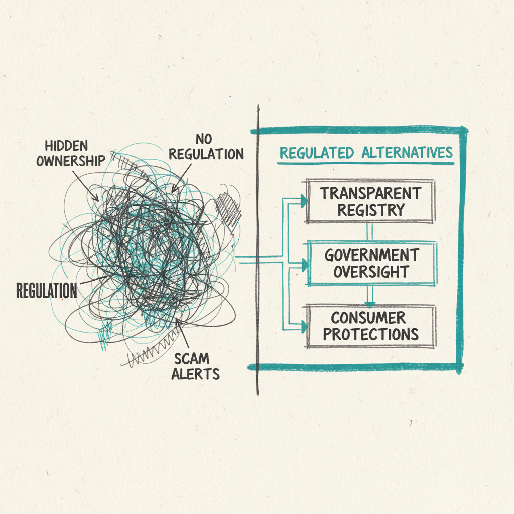 Hand-drawn sketch comparison infographic contrasting unregulated platforms with organized regulated trading options