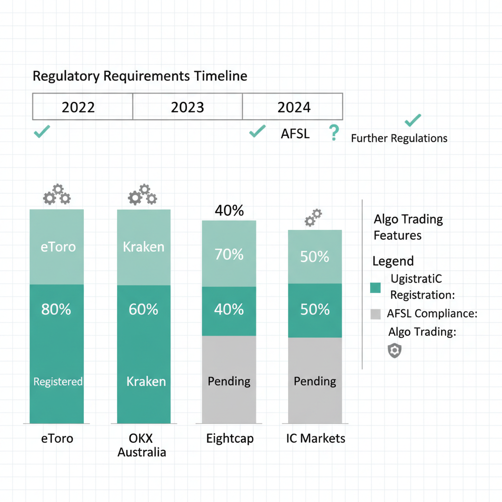 Data visualisation comparing five Australian crypto platforms on AUSTRAC registration, AFSL compliance, and algo features