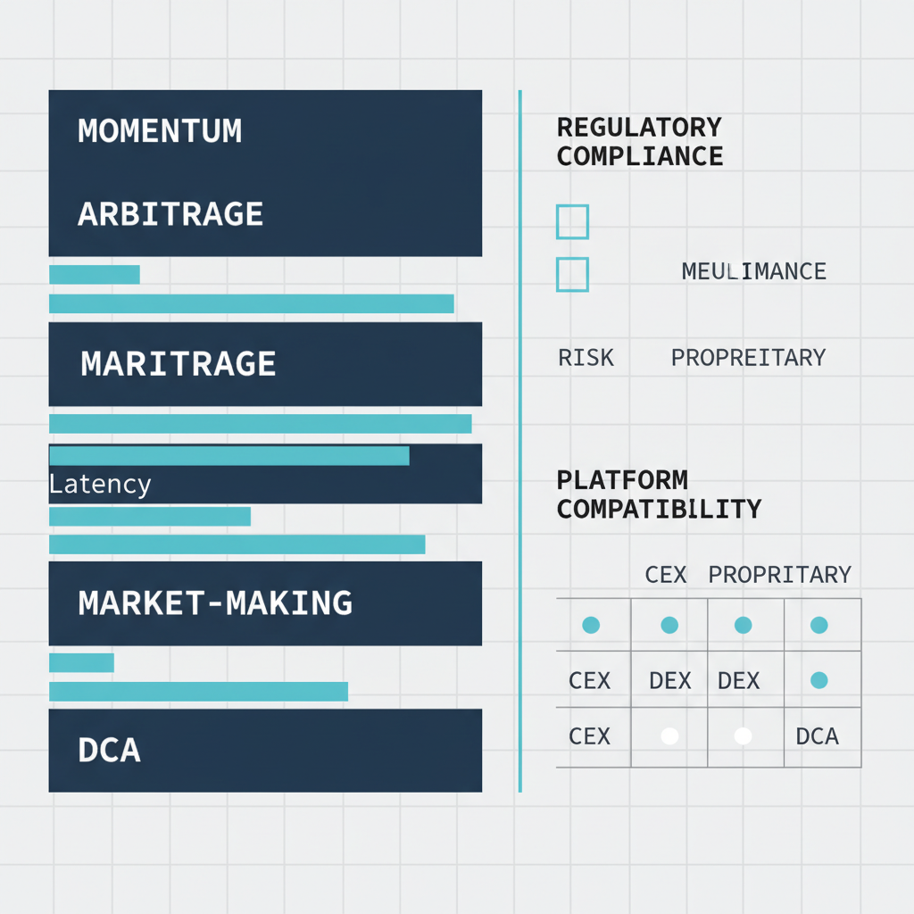 Comparison grid showing crypto trading strategies and their regulatory compliance requirements for Australian platforms