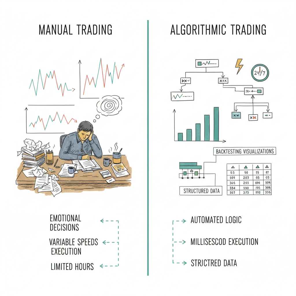 Hand-drawn comparison infographic contrasting manual trading versus algorithmic automated crypto trading methods