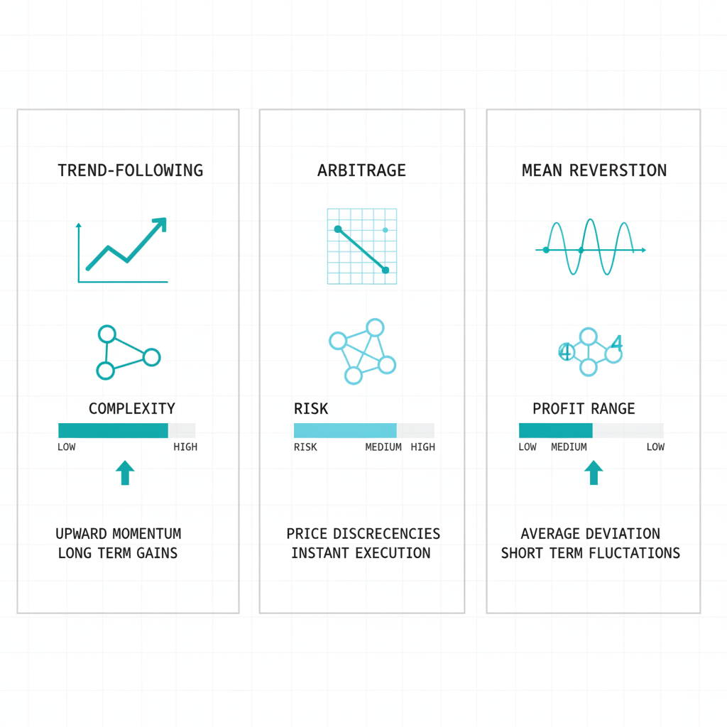 Data visualization comparing three crypto trading strategies with risk, complexity, and profit metrics