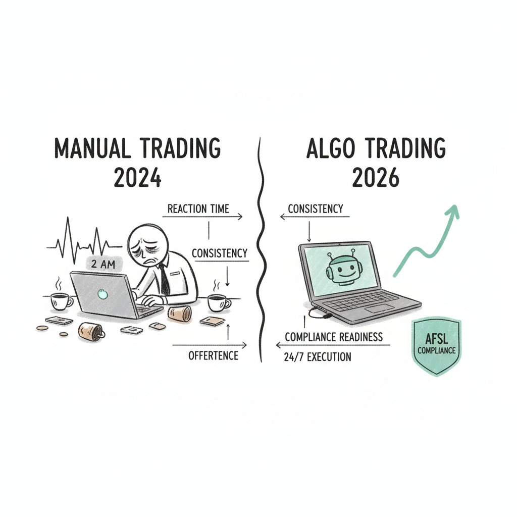 Comparison infographic contrasting manual crypto trading versus automated algo trading in Australia with compliance and efficiency benefits