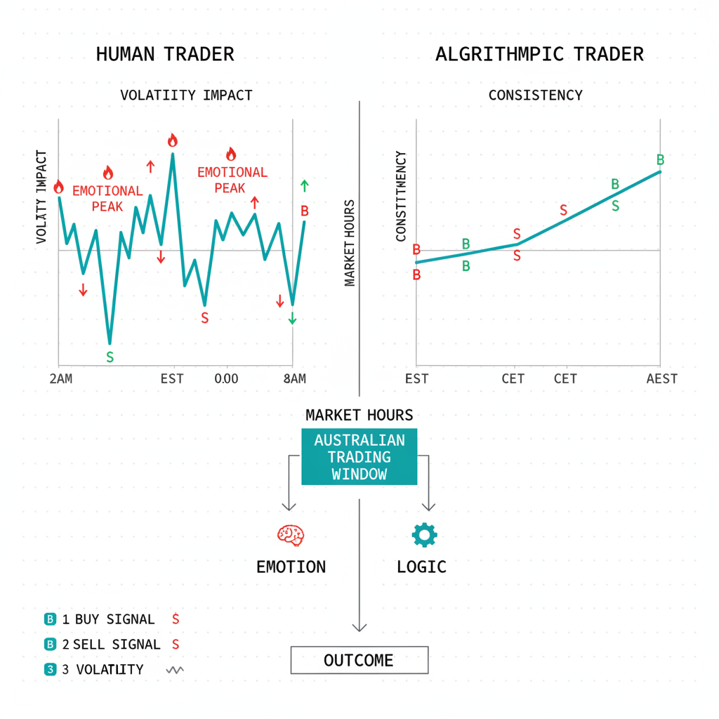 Data visualisation comparison chart showing emotional human trader volatility vs smooth algorithmic bot performance during Australian trading hours, with dual vertical bars and grid background.