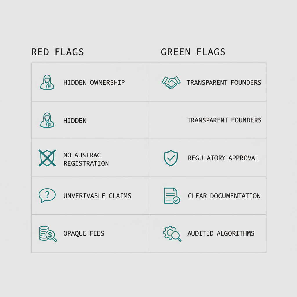 Data visualization grid comparing red flags and green flags for legitimate crypto algo trading platforms operating in Australia