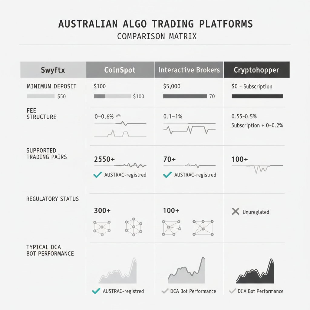 Comparative data matrix of Australian crypto algo trading platforms showing fees, deposits, pairs, and regulatory compliance status