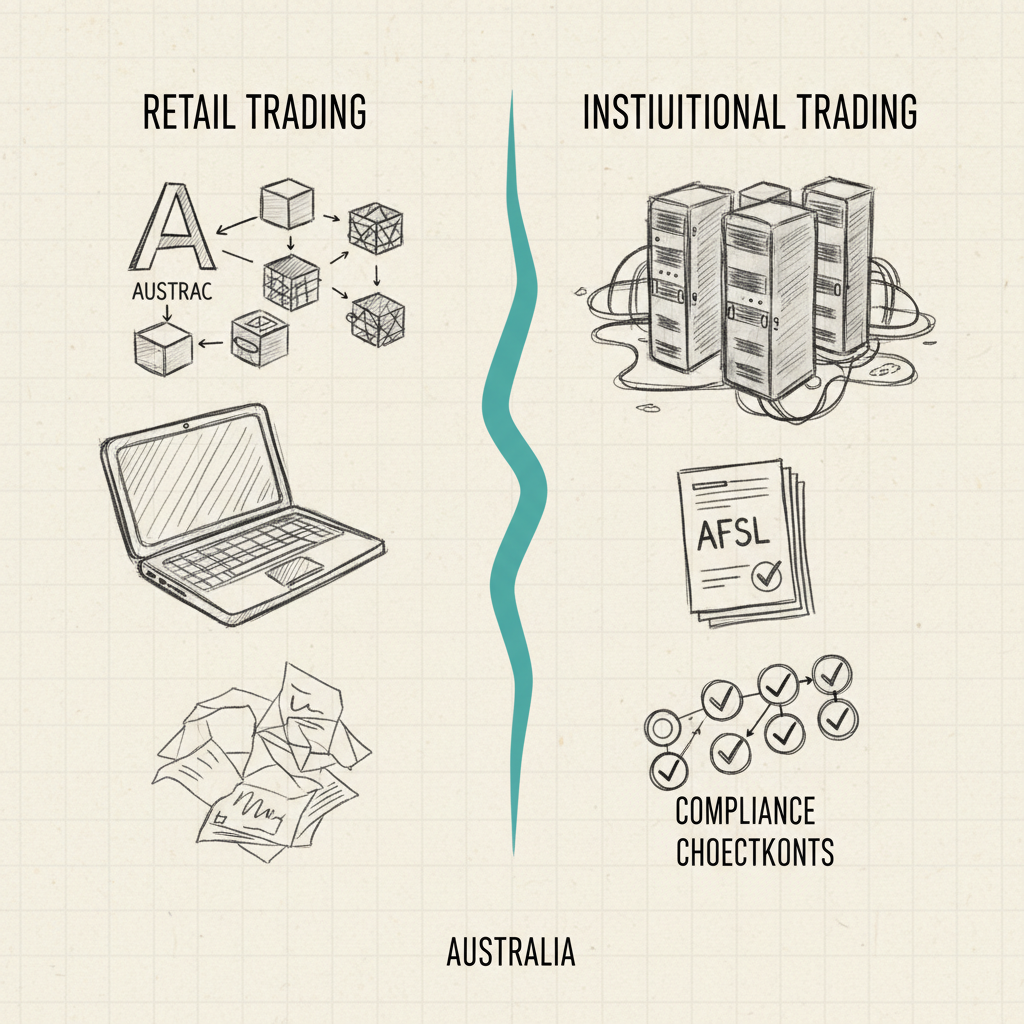 Hand-drawn comparison infographic contrasting retail versus institutional algorithmic trading requirements in Australia