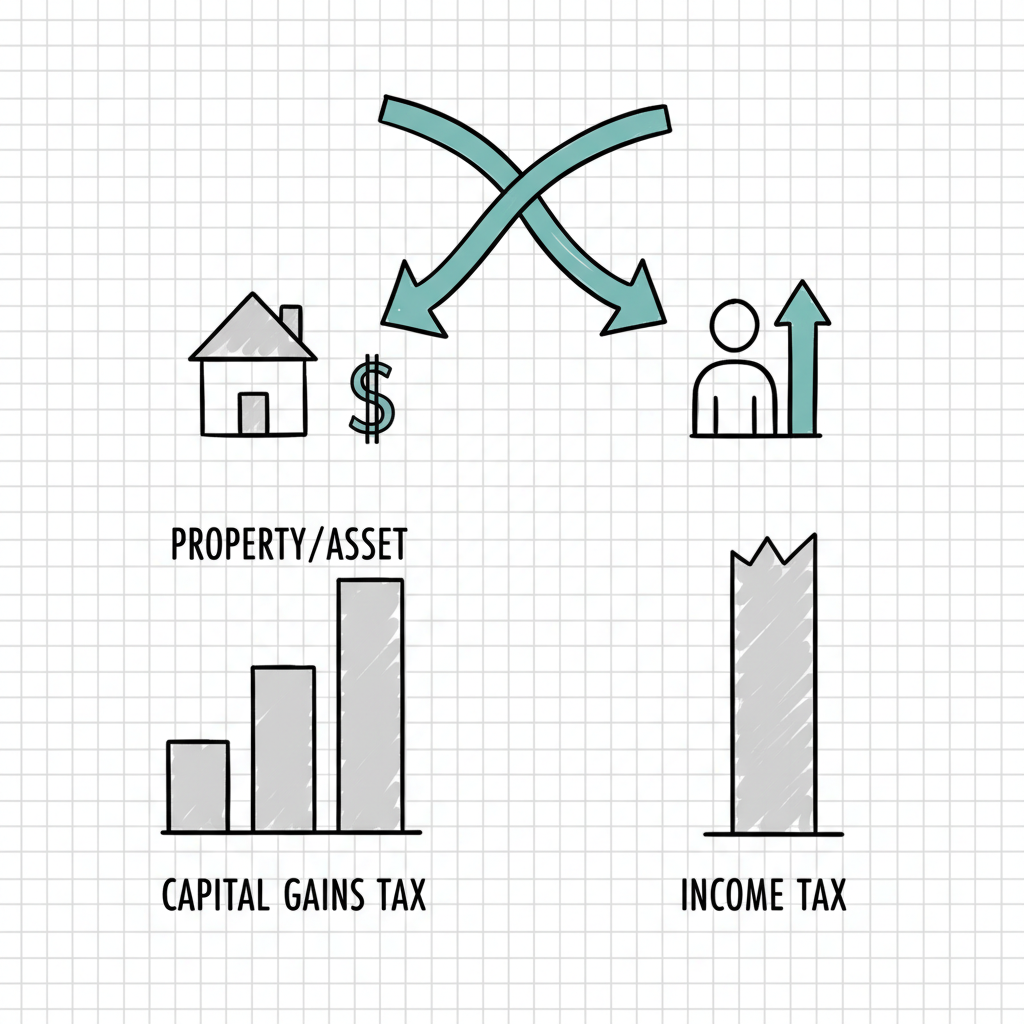 Hand-drawn sketch infographic comparing capital gains vs income tax treatment for Australian crypto with teal diverging arrow