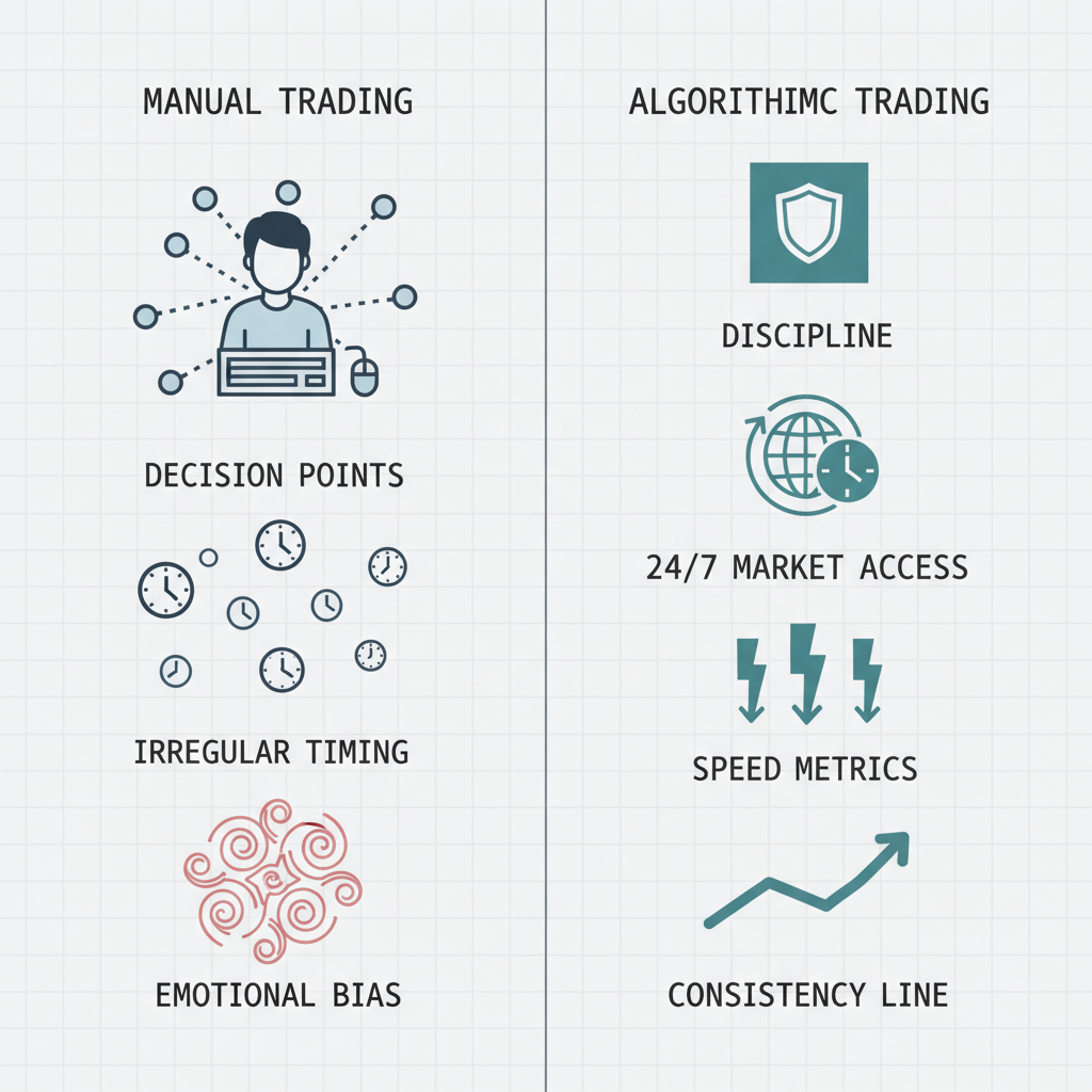 Data visualization comparison chart contrasting manual trading versus algorithmic trading characteristics and advantages