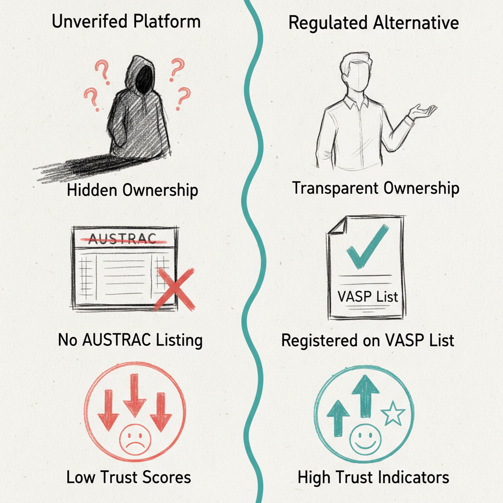 Hand-drawn comparison sketch showing red flags of unverified platforms versus characteristics of regulated alternatives