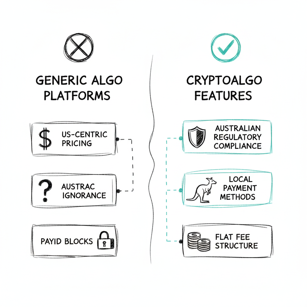 Hand-drawn comparison chart of Australian algo trading platforms versus CryptoAlgo features