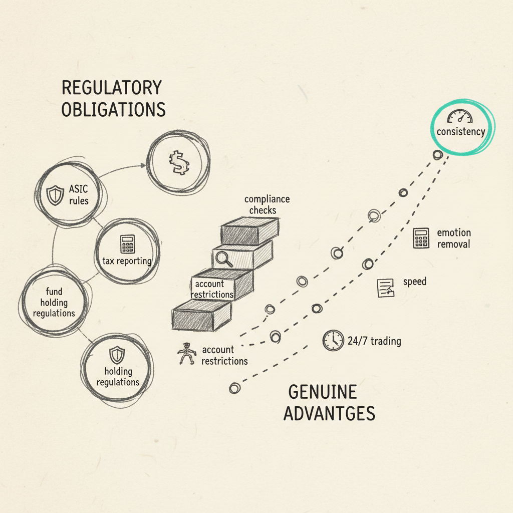 Hand-drawn sketch infographic comparing three aspects of algorithmic trading: regulatory obligations, banking friction, and genuine advantages