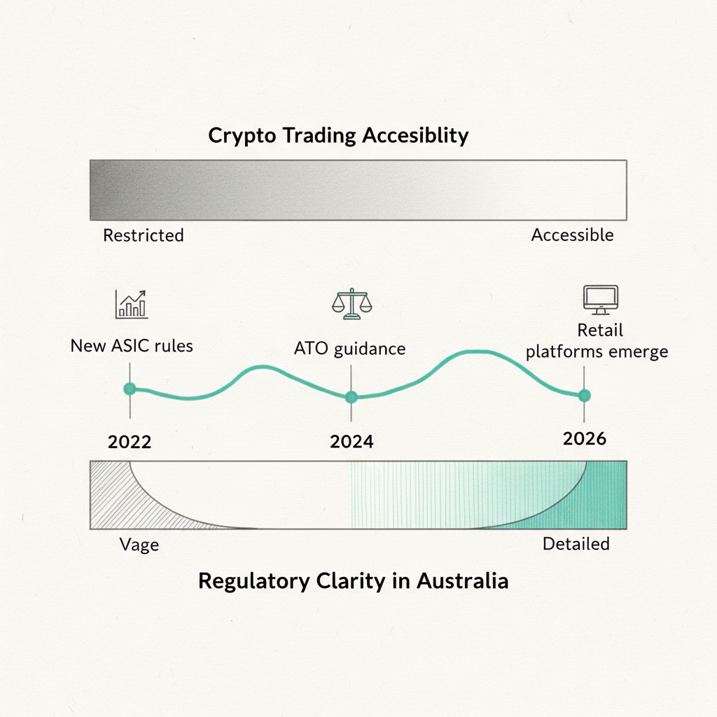 Hand-drawn sketch timeline and spectrum charts showing the evolution of crypto trading accessibility and regulatory clarity in Australia from 2022 to 2026, with key regulatory and platform milestones
