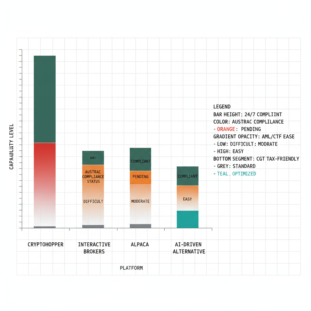 Data visualisation stacked bar chart comparing four Australian crypto algo trading platforms across automation, compliance, AML/CTF, and tax features